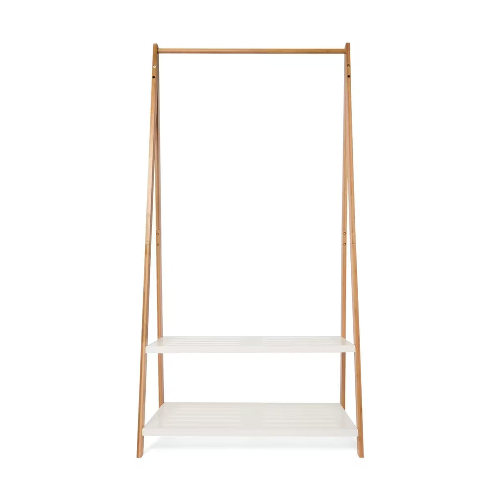 BAMBOO GARMENT RACK WITH WHITE SHELVES