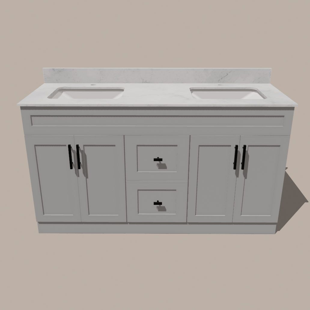 60-Inch Double Sink Shaker Bathroom Vanity — White or Gray | Plywood Cabinet, Solid-Wood Doors, Soft-Close 3-Way Clip-On Hinges | Center Drawers
