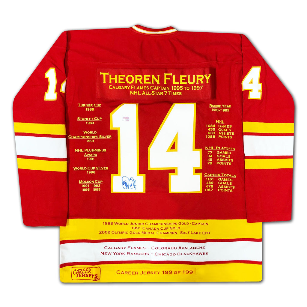 THEOREN FLEURY CAREER JERSEY #1 OF 199 - AUTOGRAPHED - CALGARY FLAMES - LIMITED EDITION NHL MEMORABILIA (SIZE L OR XL)