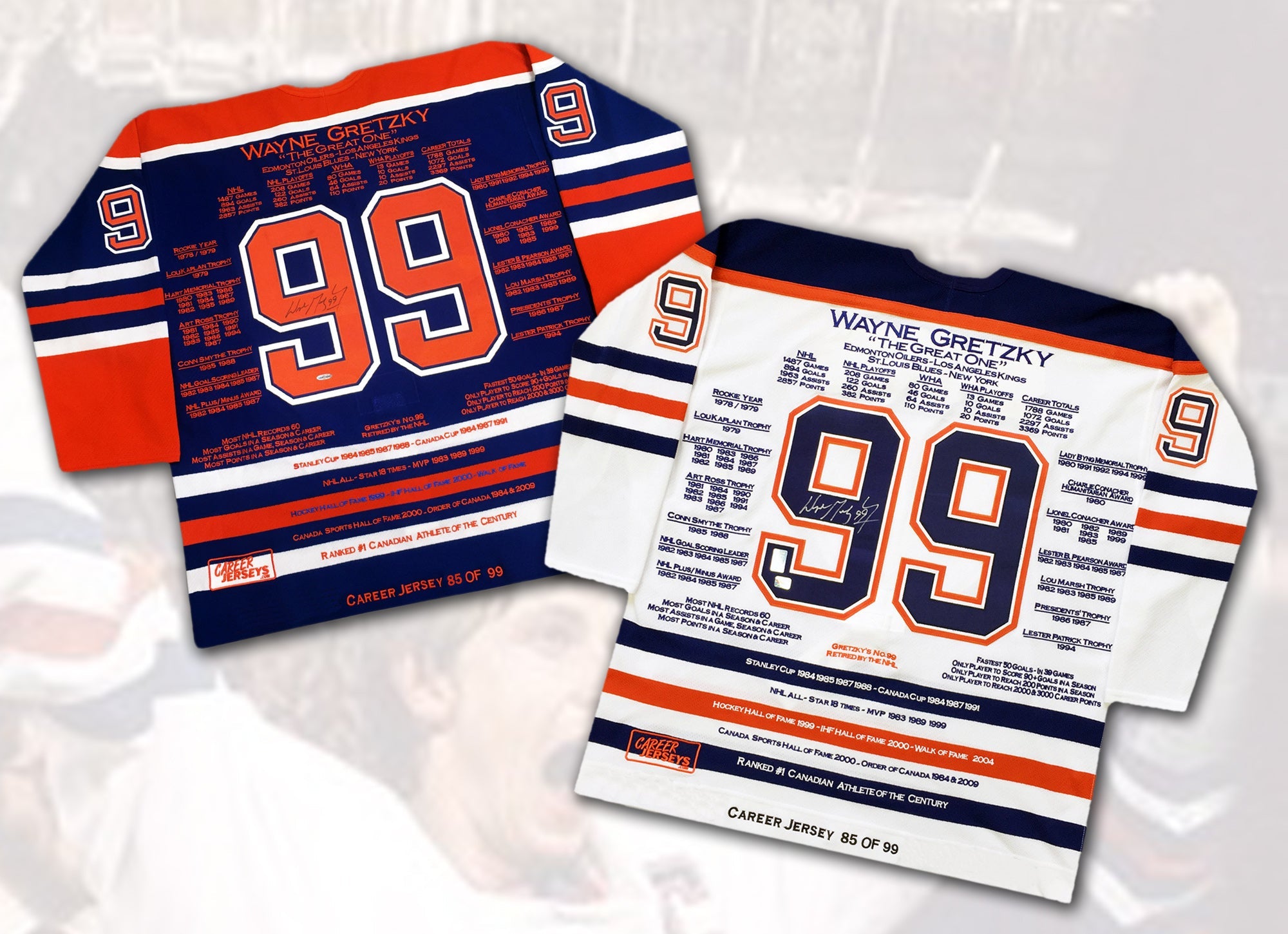 WAYNE GRETZKY CAREER JERSEYS PAIR MATCHING LTD ED 85 OF 99 - CUP YEAR - UPPER DECK COA - SIGNED (SIZE L OR XL)