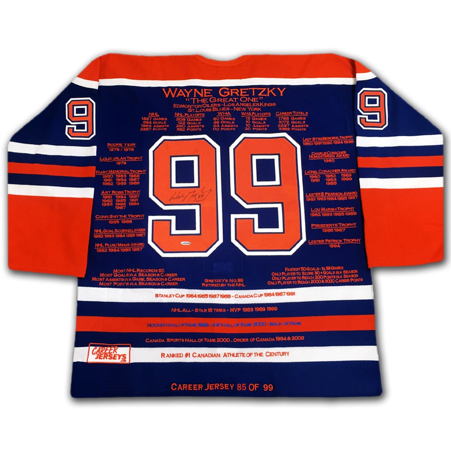 WAYNE GRETZKY CAREER JERSEYS PAIR MATCHING LTD ED 85 OF 99 - CUP YEAR - UPPER DECK COA - SIGNED (SIZE L OR XL)