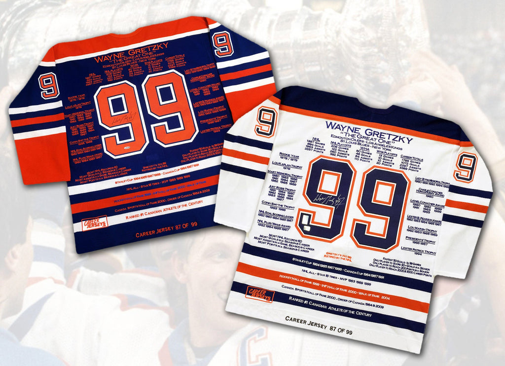 WAYNE GRETZKY CAREER JERSEYS PAIR MATCHING #87 OF 99 (SIZE L OR XL) - UPPER DECK COA - AUTOGRAPHED NHL COLLECTIBLES - EDMONTON OILERS WHITE AND BLUE JERSEYS - STANLEY CUP YEAR - LIMITED EDITION