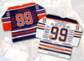 WAYNE GRETZKY CAREER JERSEYS PAIR MATCHING #87 OF 99 (SIZE L OR XL) - UPPER DECK COA - AUTOGRAPHED NHL COLLECTIBLES - EDMONTON OILERS WHITE AND BLUE JERSEYS - STANLEY CUP YEAR - LIMITED EDITION