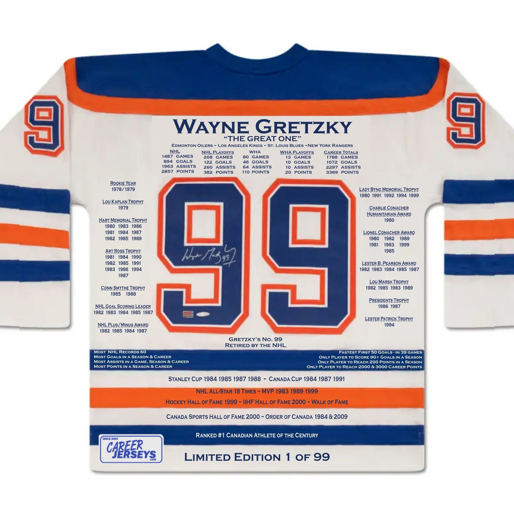 WAYNE GRETZKY WHITE CAREER JERSEY #1 OF 99 (SIZE L OR XL) - UPPER DECK COA - AUTOGRAPHED LIMITED EDITION NHL COLLECTIBLE - EDMONTON OILERS