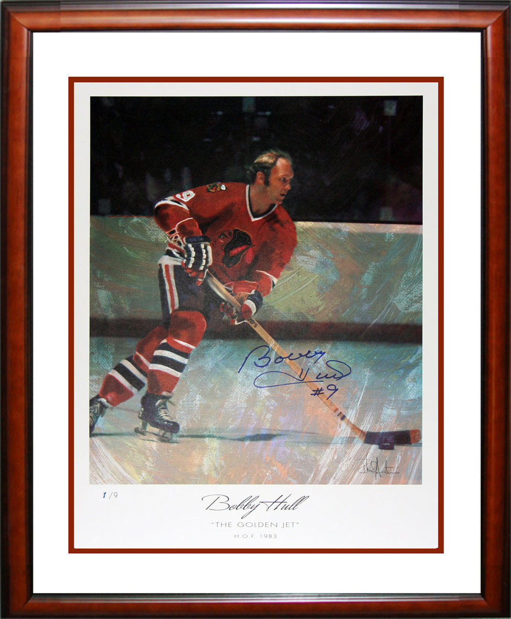 BOBBY HULL AUTOGRAPHED PLAYER PROOF LITHOGRAPH – LIMITED EDITION 1 OF 9 – FRAMED NHL TREASURE (27" X 23")