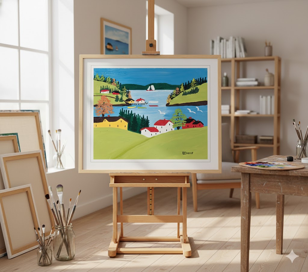 FRAMED ART PRINT BY MAUD LEWIS DIGBY HARBOUR FOLK ART PAINTING FLAT STYLE MARITIME WALL DECOR 24 X 28 INCHES