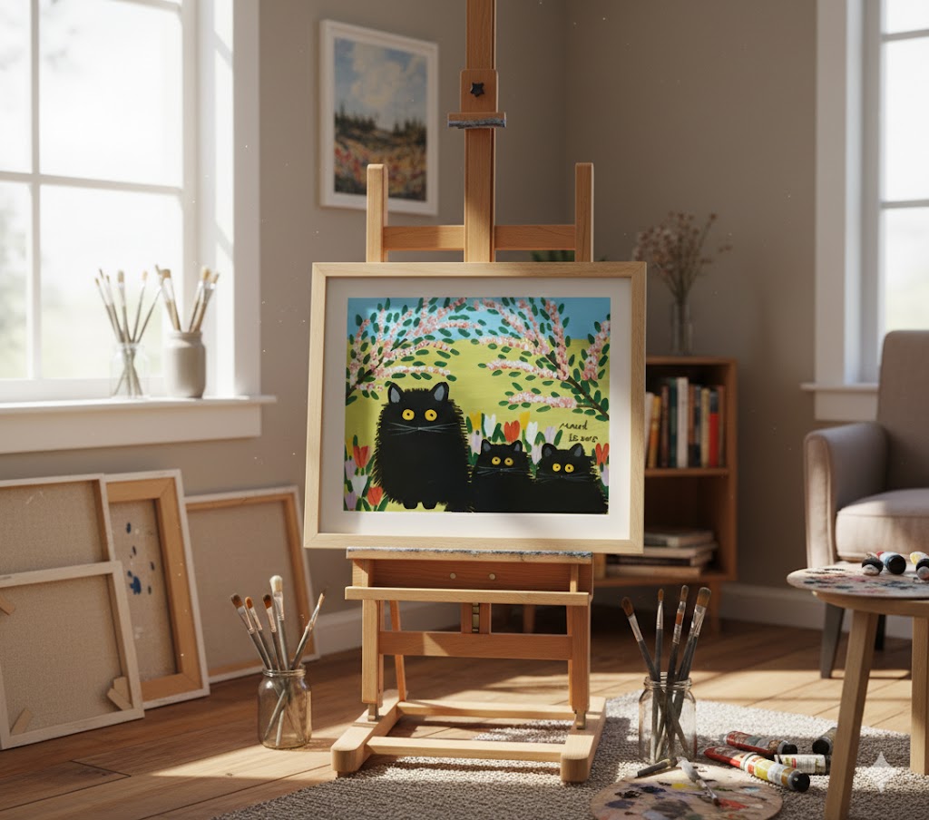 FRAMED ART PRINT BY MAUD LEWIS THREE BLACK CATS FOLK ART PAINTING FLAT STYLE WALL DECOR 24 X 28 INCHES