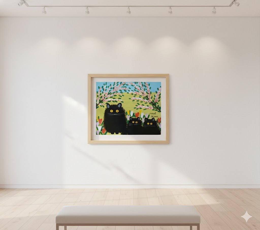 FRAMED ART PRINT BY MAUD LEWIS THREE BLACK CATS FOLK ART PAINTING FLAT STYLE WALL DECOR 24 X 28 INCHES