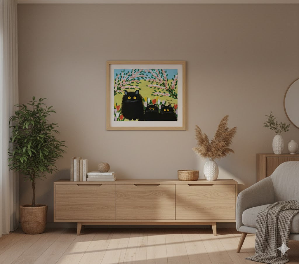 FRAMED ART PRINT BY MAUD LEWIS THREE BLACK CATS FOLK ART PAINTING FLAT STYLE WALL DECOR 24 X 28 INCHES