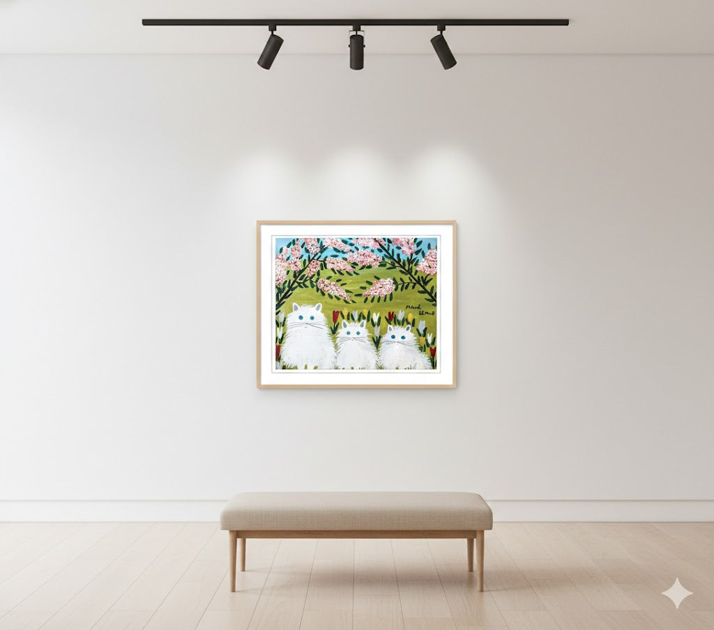 FRAMED ART PRINT BY MAUD LEWIS THREE WHITE CATS FOLK ART PAINTING FLAT STYLE WALL DECOR 24 X 28 INCHES