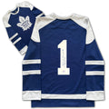 TORONTO HOCKEY LICENSED FAN COLLECTIBLE JERSEY AUTOGRAPHED BY JOHNNY BOWER BLUE HOCKEY STYLE TOP ADULT UNISEX SIZE LARGE