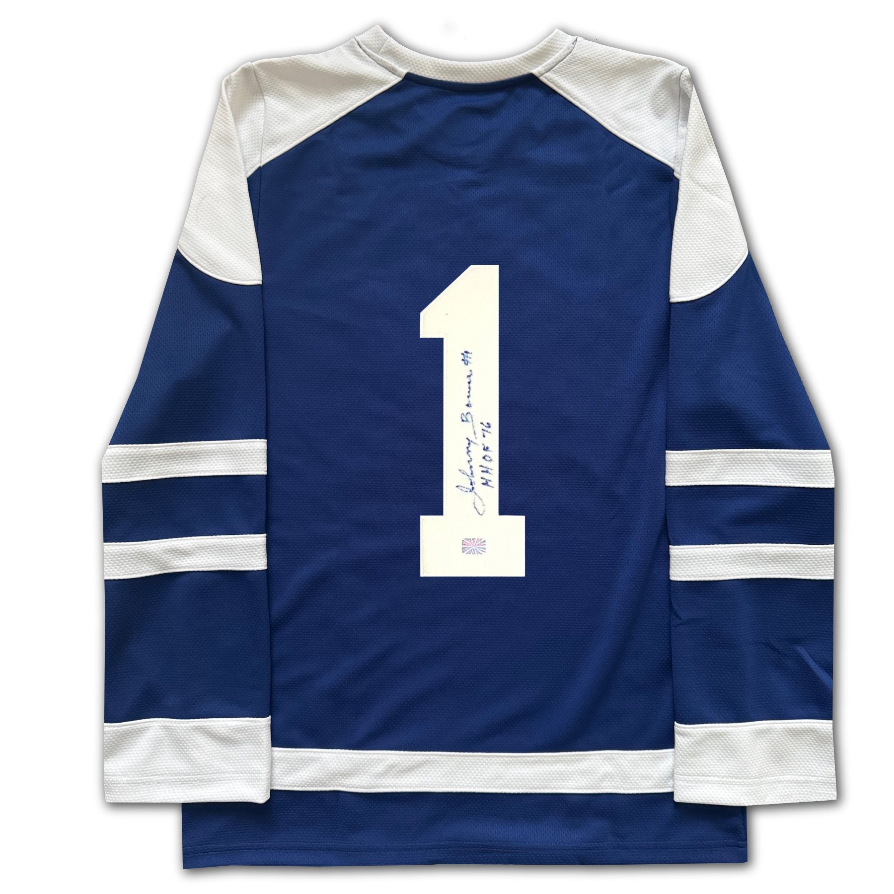 TORONTO HOCKEY LICENSED FAN COLLECTIBLE JERSEY AUTOGRAPHED BY JOHNNY BOWER BLUE HOCKEY STYLE TOP ADULT UNISEX SIZE LARGE