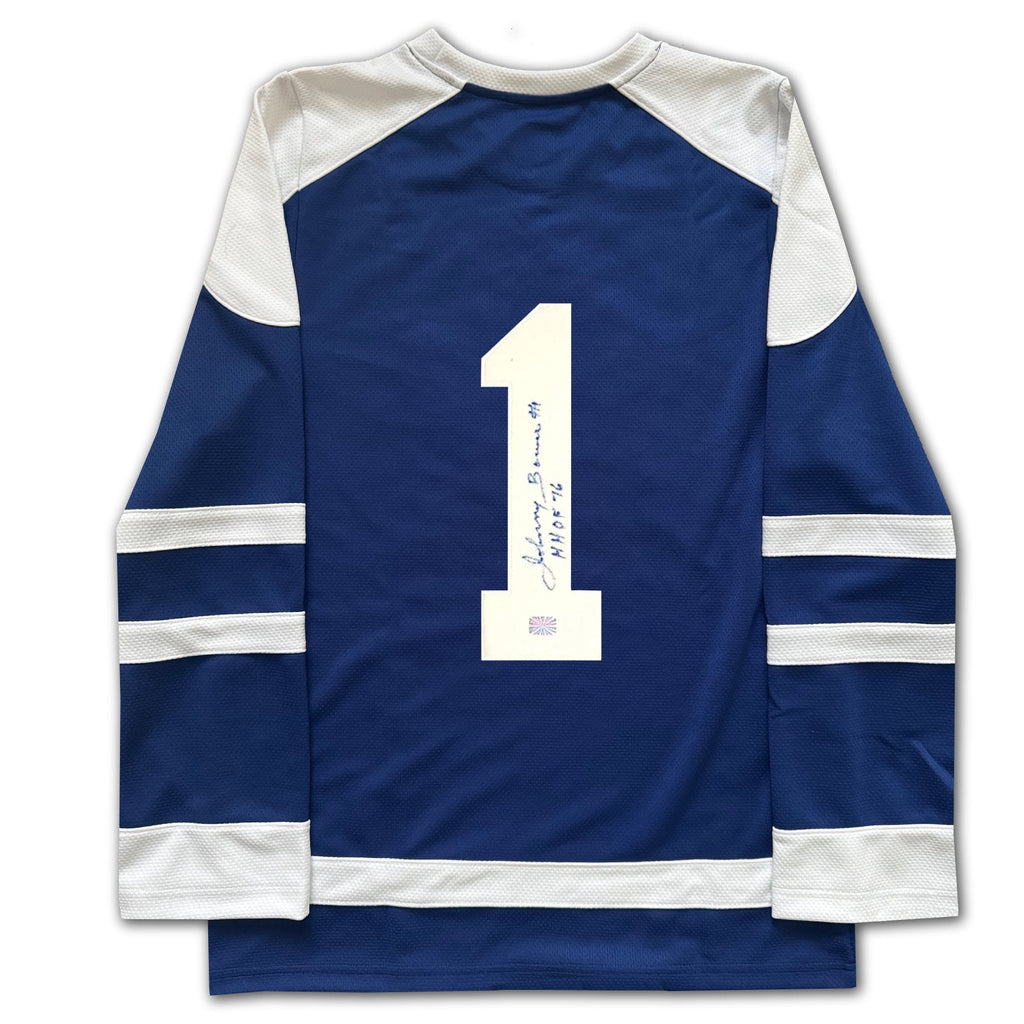 TORONTO HOCKEY LICENSED FAN COLLECTIBLE JERSEY AUTOGRAPHED BY JOHNNY BOWER BLUE HOCKEY STYLE TOP ADULT UNISEX SIZE X-LARGE