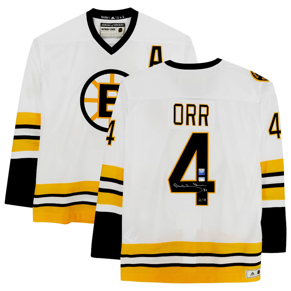 BOBBY ORR AUTOGRAPHED BOSTON BRUINS WHITE ADIDAS JERSEY – LIMITED EDITION 2/4 – GNR COA (SIZE L OR XL)