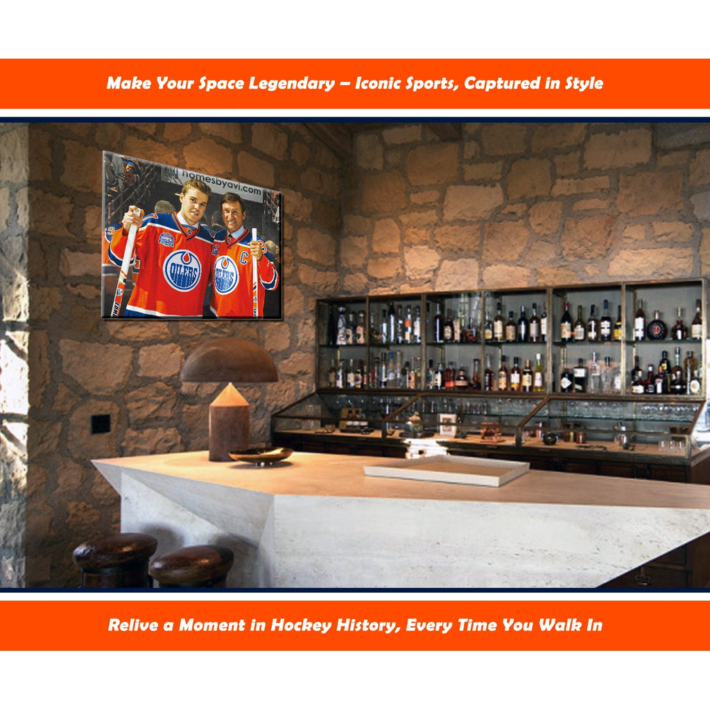 WAYNE GRETZKY AND CONNOR MCDAVID EDMONTON NHL LICENSED COLLECTIBLE WRAPPED CANVAS - HOCKEY LEGENDS ARTWORK WALL DECOR OILERS MEMORABILIA SPORTS GIFT ICON DISPLAY (16"X20")