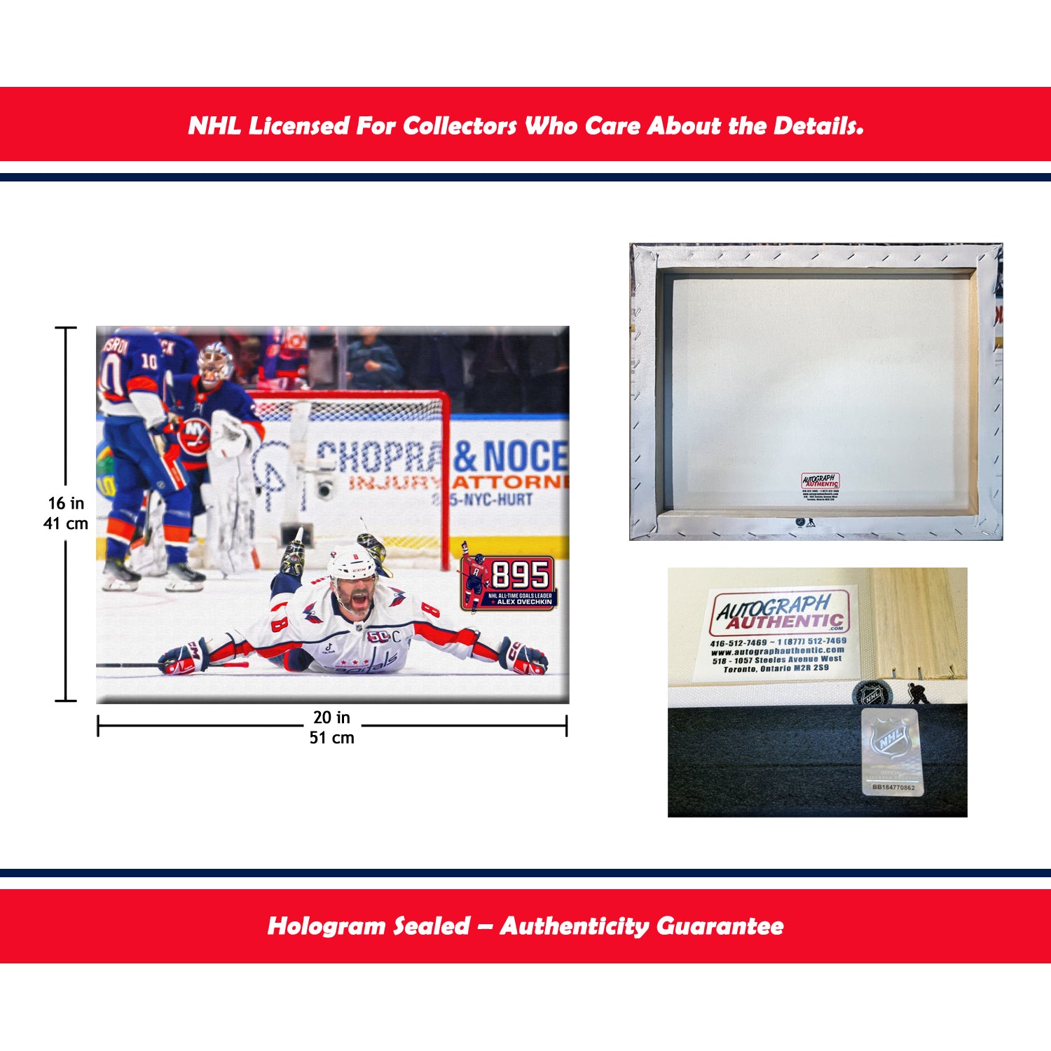 ALEXANDER OVECHKIN RECORD BREAKING GOAL #895 NHL WASHINGTON NHL LICENSED COLLECTIBLE WRAPPED CANVAS POSTER MEMORABILIA WALL ART CAPITALS HOCKEY THE GREAT 8 (20" BY 16")